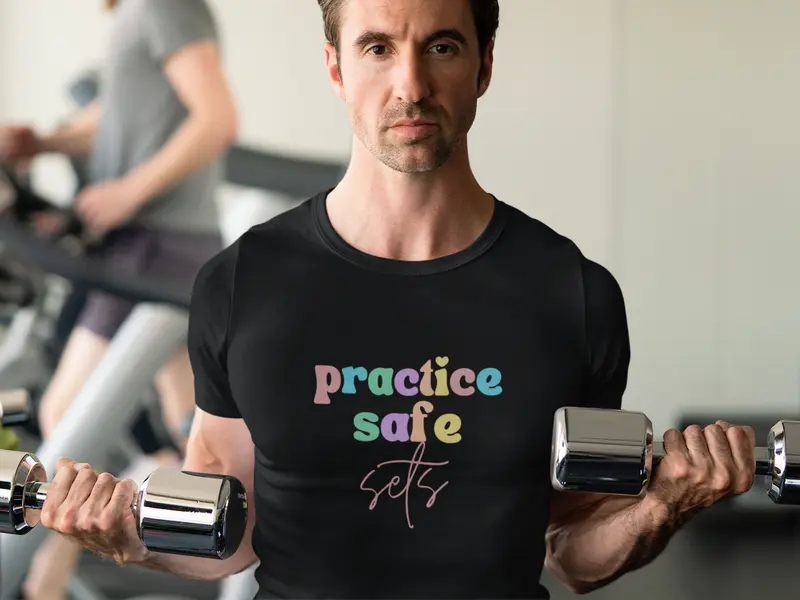 Practice Safe Sets Funny Gym Shirt, Custom Unisex T Shirt, Fun Unique Gift, Running Shirt, Gym TShirt, Graphic Tees, Menswear Womenswear Design Cotton Fabric Casual Top Relaxed Fit Breathable Hem 3