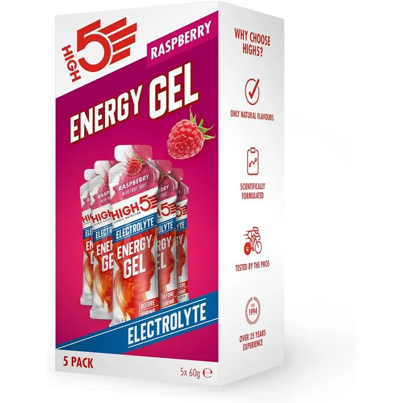 HIGH5 Energy Gel with Electrolytes - Raspberry Flavor, 5 x 60g - Sports Gels for Peak Performance - Beverage
