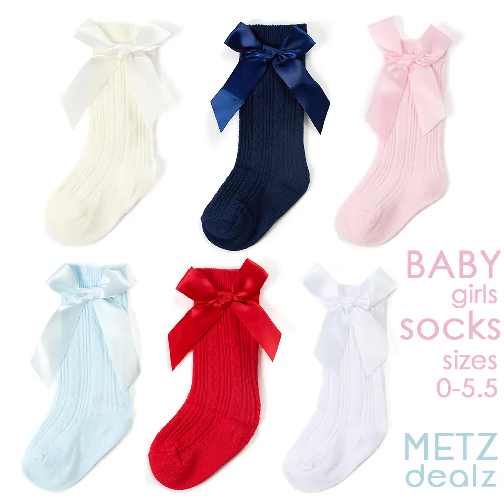 Baby Girls High Knee Socks with Bows 1 Pair Satin Bow 0-0 0-2.5 3-5.5 Babies Toddler Spanish Style Design Socks 0-24 Months