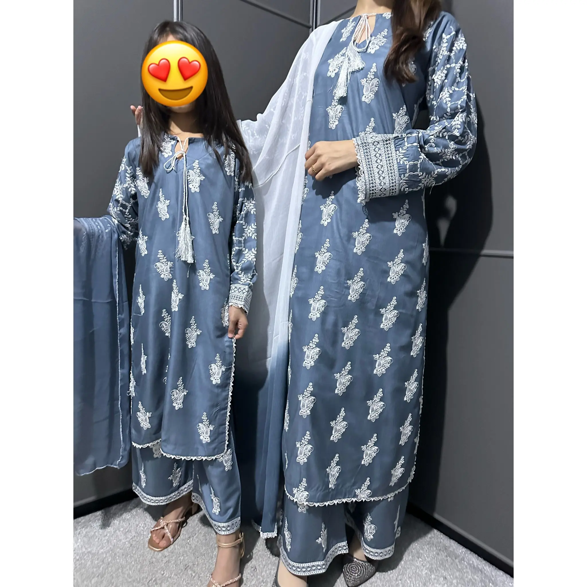 Gray-Mother & Daughter Embroidered Linen Plazo Collection
