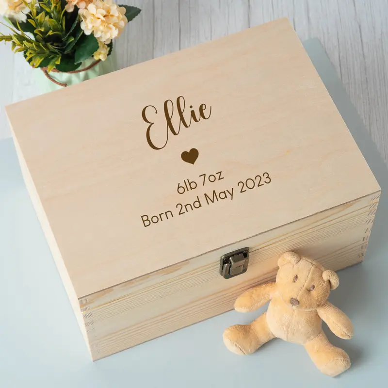 Personalised New Baby Heart Large Wooden Memory Box 1