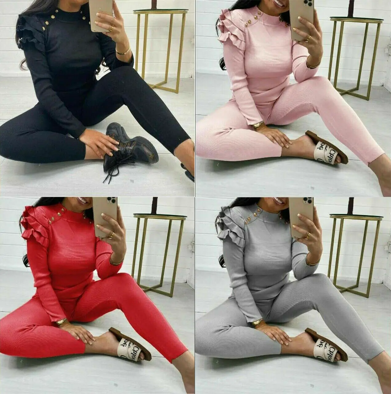 Women's Ladies Ruffle Frill Gold Button Co ord Lounge Set Tracksuit Clothing Comfort Casual Fabric Fit Womenswear Chic Comfortable Elegance Loungewear Love Overalls Underwear Lady Basic Long Sleeve Minimalist