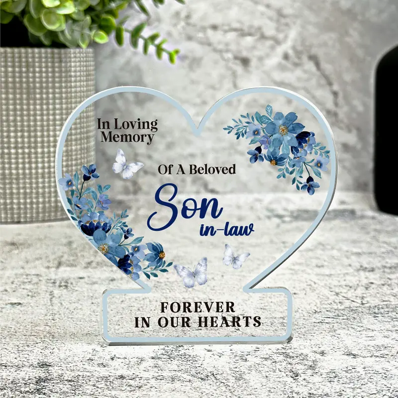 Son-In-Law Blue Floral Memorial Gift Heart Ornament Keepsake Plaque Ornament | Acrylic Ornament Gift Memorial Remembrance Sympathy Keepsake Gift Custom Home Decor Gift, Small Trinket, Unique Present 1