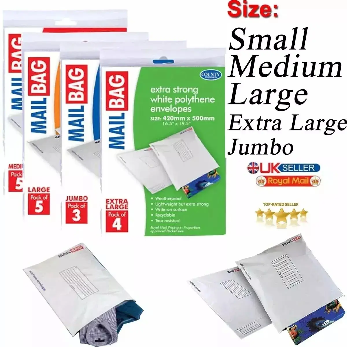 MAIL BAG EXTRA STRONG WHITE POLYTHENE BUBBLE MAILING PARCEL ENVELOPES BAGS large  postage  bags