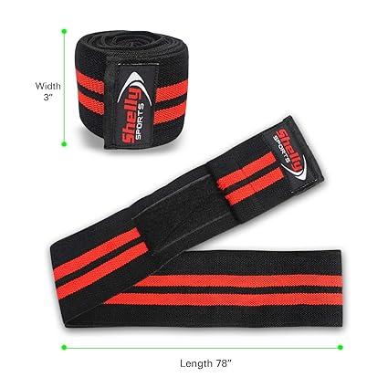 Product Introduction of Shelly Knee Wraps for weight Lifting Powerlifting Squatting Knee Support CrossFit Knee Guard and Olympic Lifting four rubber Heavy Duty Elasticated Knee Bands for men and women (Black) 1