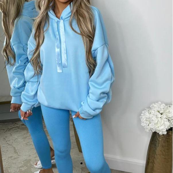STY Women's Ruched Sleeve Oversized Ladies Ribbon Hoodie Jumper top Casual Plain Soft Womenswear Drawstring Sweaters Style hoodies 8