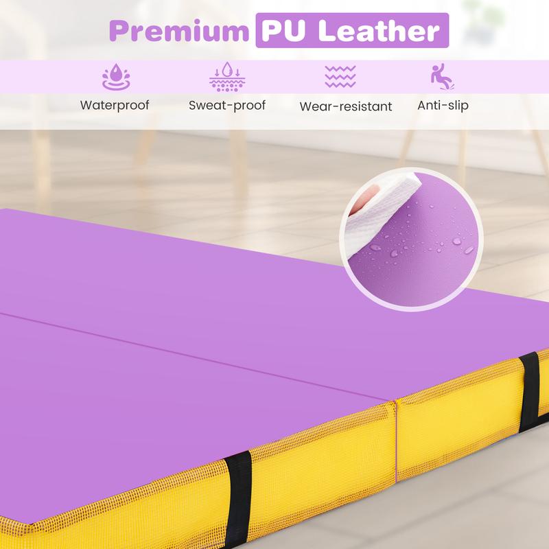 COSTWAY Folding Gymnastic Mat with PU Leather Cover and Carrying Handles 3