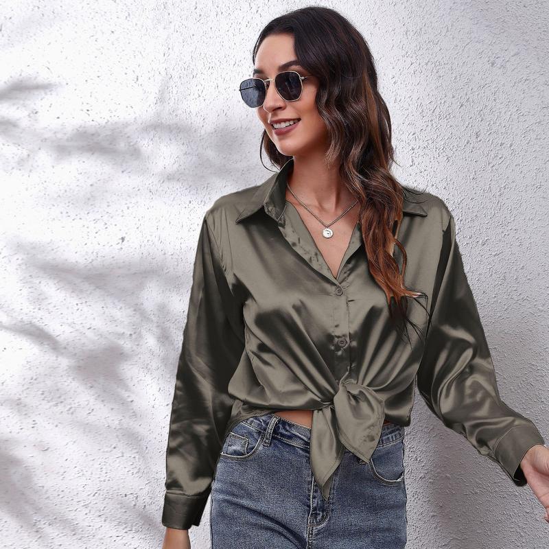 Product Introduction of Women's Satin Satin Imitation Silk Long Sleeved Shirt Elegant V-neck Retro Style Multicolor Shirt Top-Looki Ngi 10