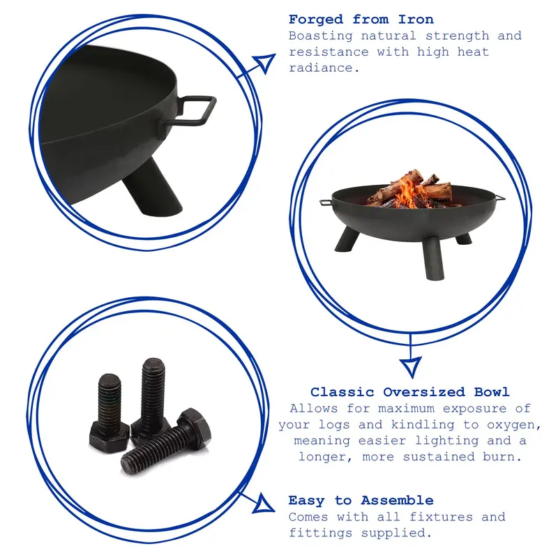Hammer & Tongs Round Iron Fire Pit - Outdoor Garden Patio Heater Fireplace Log Burner Bowl Black Powder-Coated Finish & Stable Legs 1
