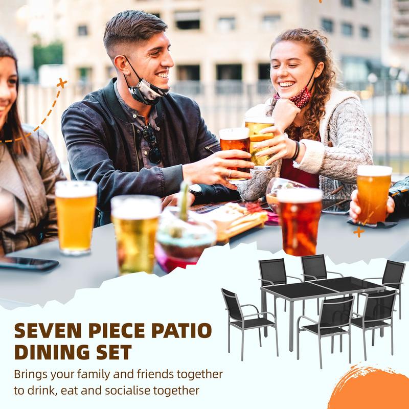 Outsunny 7 Piece Outdoor Garden Dining Set with Table and 6 Stackable Chairs, Steel Frame, Tempered Glass Top, Mesh Seats, Black 3