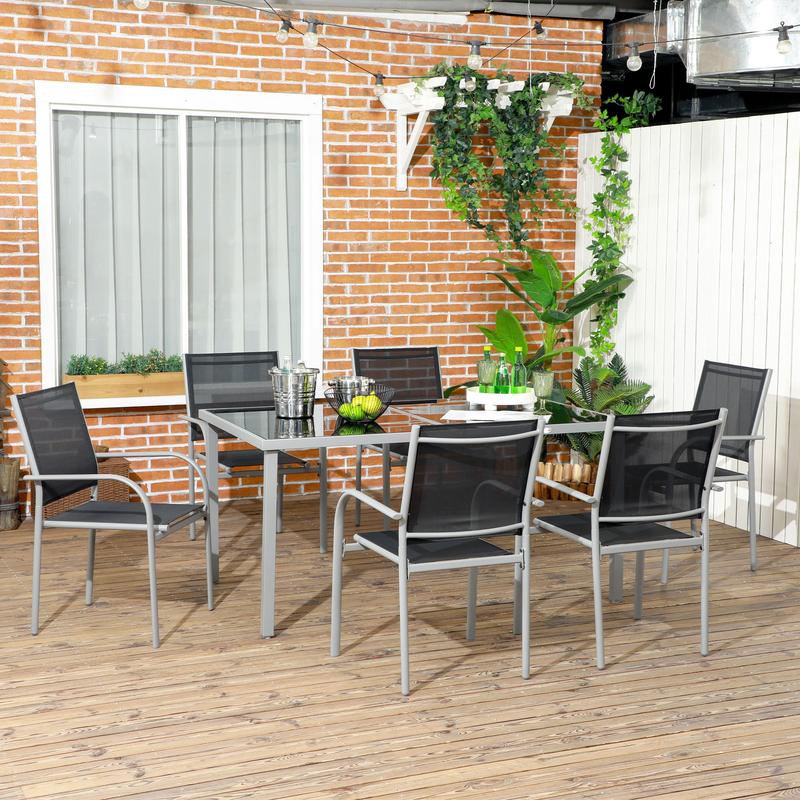 Outsunny 7 Piece Outdoor Garden Dining Set with Table and 6 Stackable Chairs, Steel Frame, Tempered Glass Top, Mesh Seats, Black 1