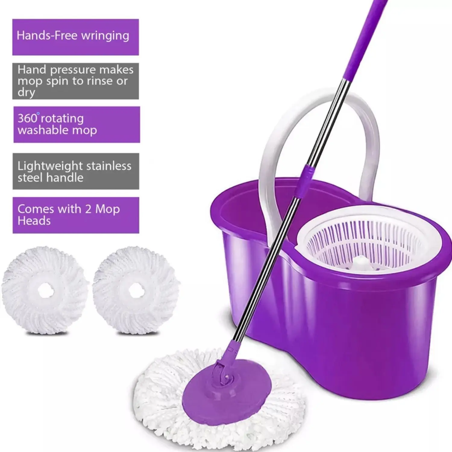 360° FLOOR MAGIC SPIN MOP BUCKET SET MICROFIBER ROTATING DRY HEADS WITH 2 HEADS