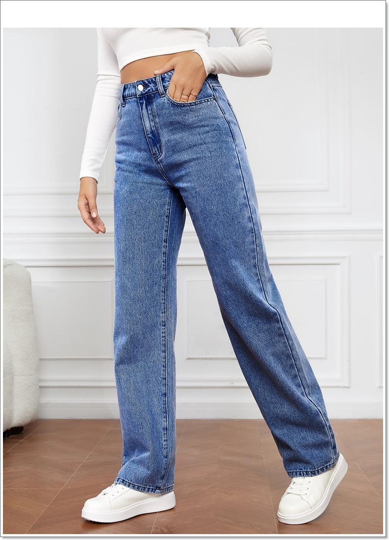 Product Introduction of Women Jeans Straight Pants Denim Washing High Waist Loose Fit Pockets Basics Ankle Length Pants Solid Color Slight Strech 8