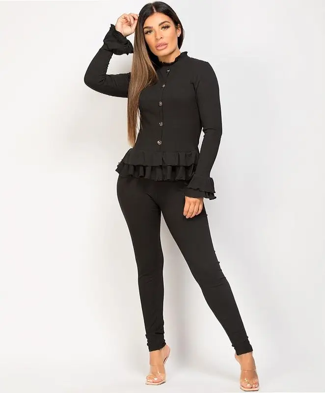 Lexi Fashion Womens Gold Button Loungewear Suit 2 Pc Frill Peplum Rib Set
