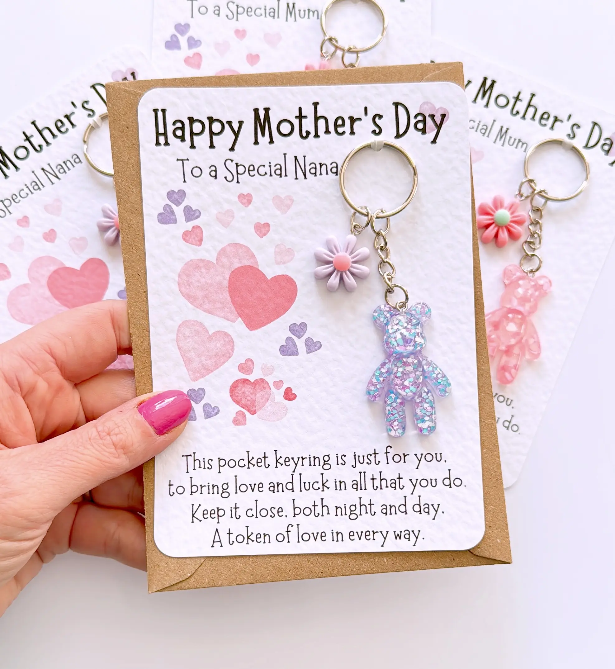 Nana Mothers Day Keyring Bear Gift Card with Poem, Pocket Hug Keepsake for Mum, Nanna, Grandmother, Gran Present Idea, Keyring Worry Bear