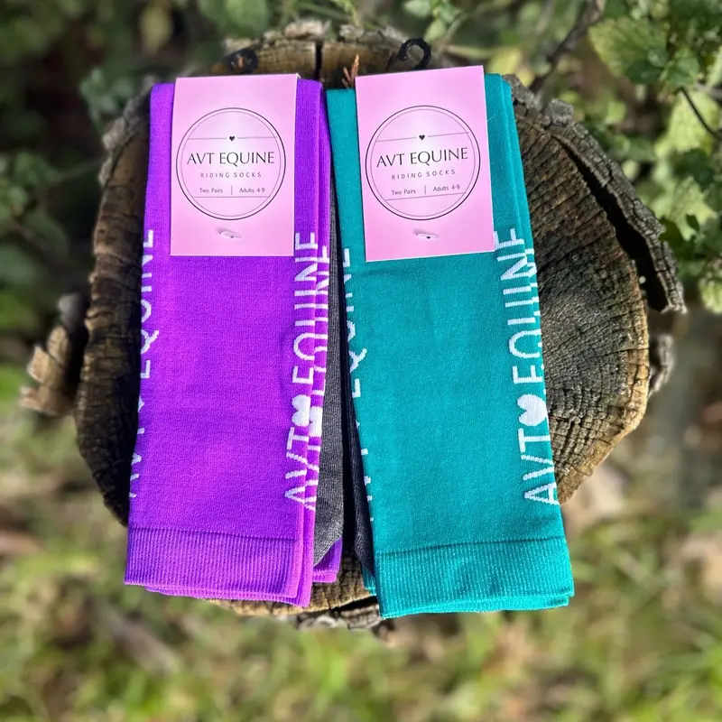 A V T Equine Horse Riding Socks in Purple for Women. 2 pairs in each pack also available in green, black and blue 1
