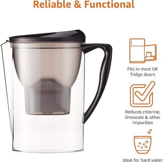 Amazon Basics 2.3L (4 Pints) Water Filter Jug with 1x30 Days Cartridge, BPA Free, Black 1