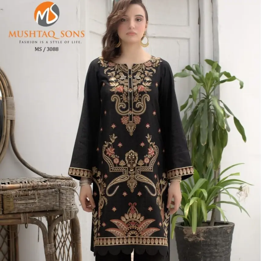 Mushtaq & Sons | MS-3088 Black  | 2 Piece Cotton Embroidered Suit With Trouser