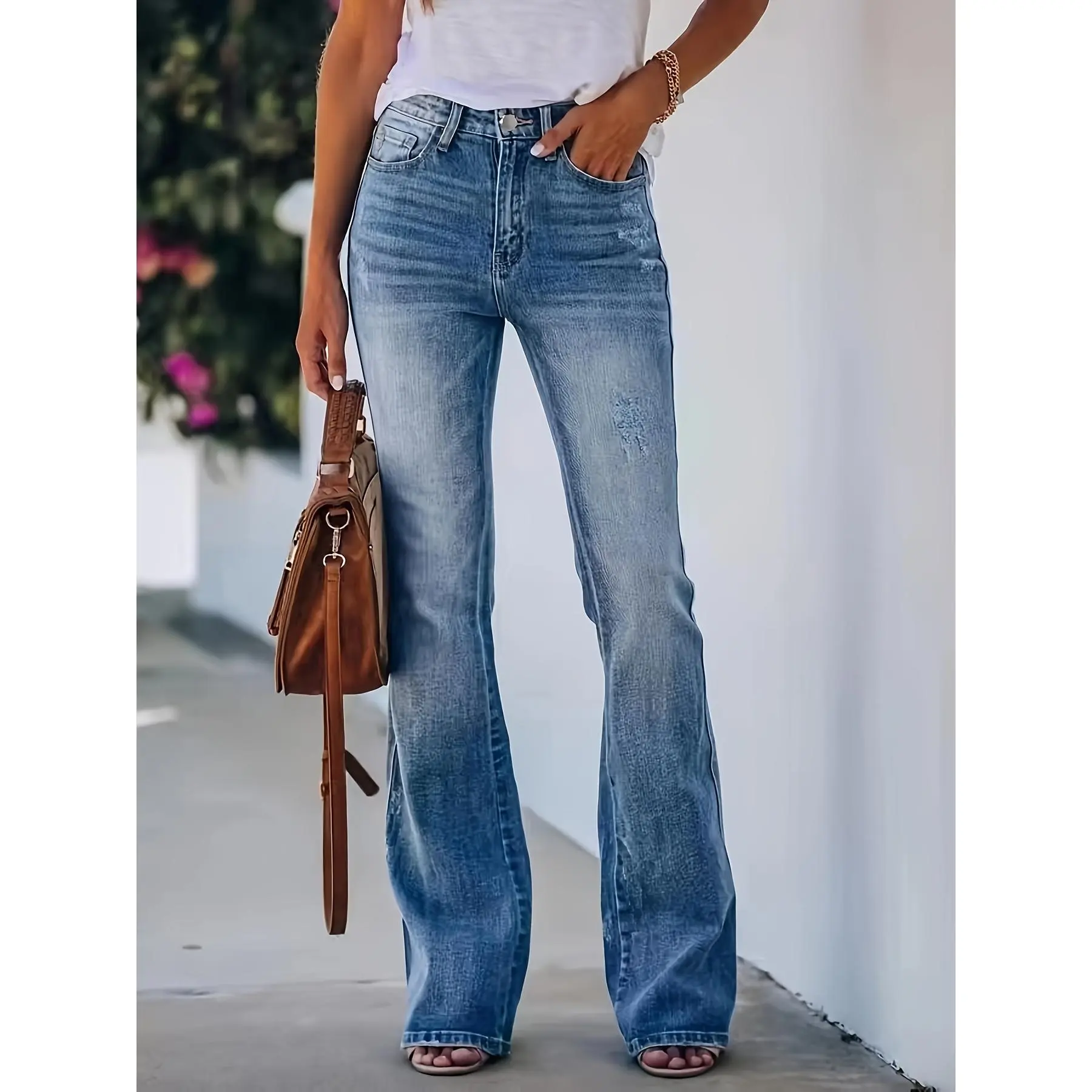 【2024】High Stretch Washed Bootcut Jeans, Slant Pockets Chic Denim Pants, Women's Denim Jeans & Clothing