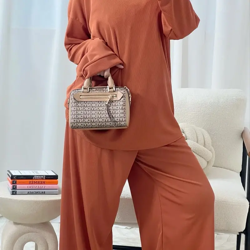 Safia Relaxed Rib Two-Piece Set Casual Comfy Top And Bottom Outfit Ribbed Lounge Set  Womenswear Essential  Basic Matching Set For Every Day Wear  Petite Coord Set  Ladies Top And Trouser Suit viral women 4