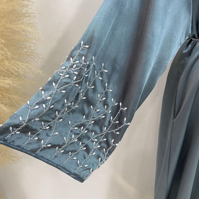 Product Introduction of HS1024 1pcs Satin Cardigan Handmade Beaded Dress Abaya 22