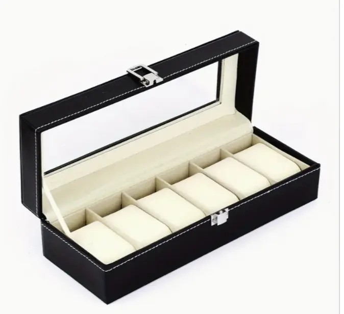 Luxury 6-Slot Watch Box Organizer with Glass Top, Premium Black PU Leather Exterior, Soft Velvet Interior, Square Watch Display Case with Flip-Top Lid for Storage and Showcase 1