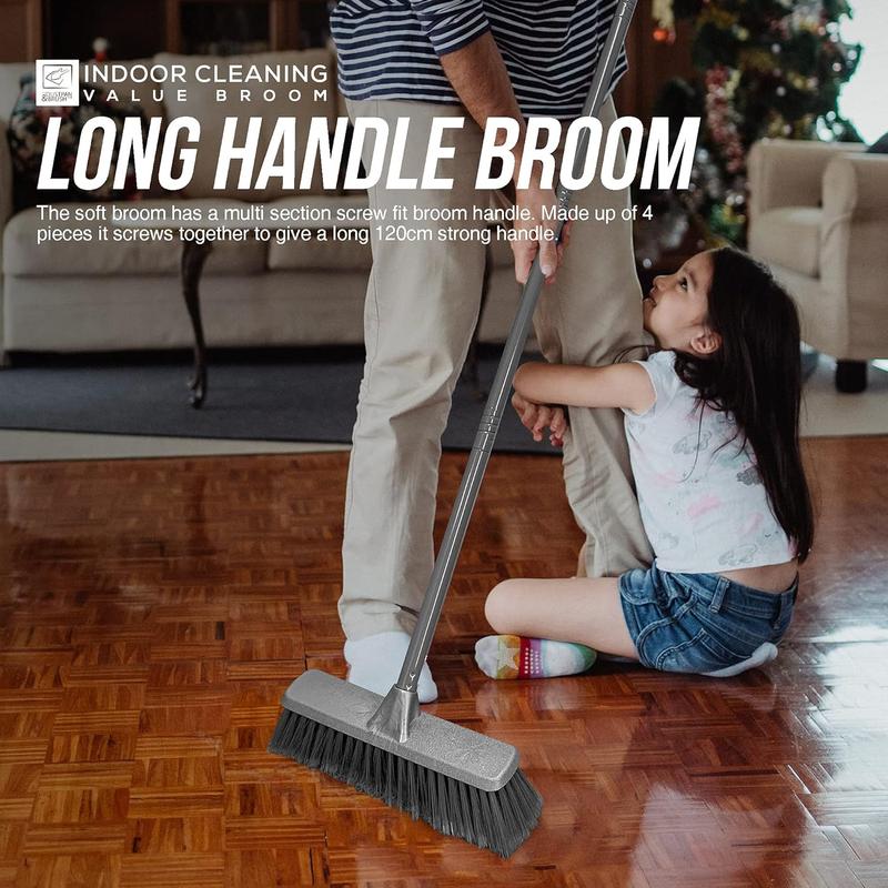 Broom (Grey, 120cm) - Perfect for Laminate, Vinyl or Wooden Floor, with Multi-section Handle and Flagged Bristle Brush Caravan Cleaning Kitchen Sweep 2