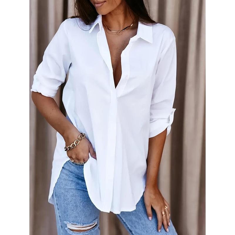 Solid Button Front Shirt, Casual Turn Down Collar Office Work Shirt, Women's Clothing 0