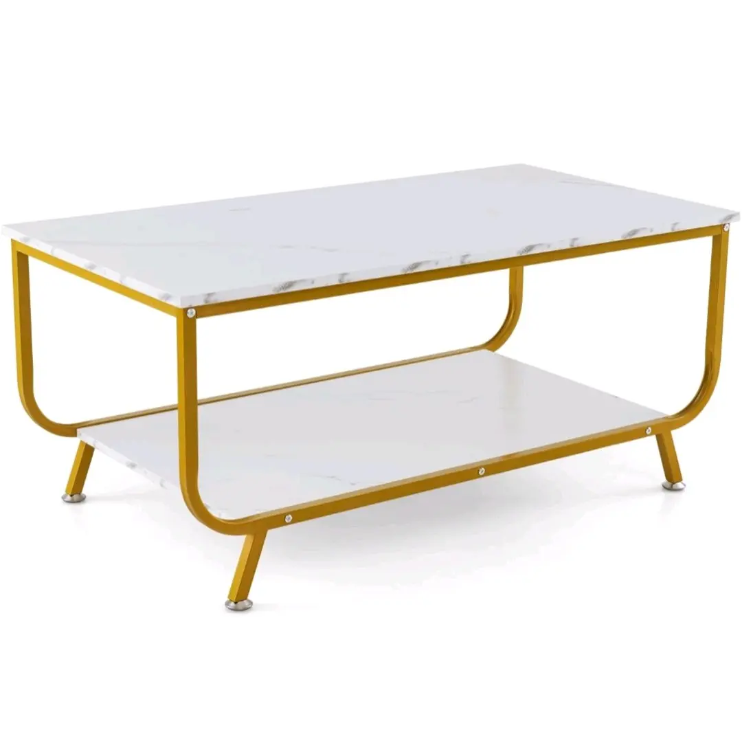2-Tier Coffee Table, Faux Marble Cocktail Tea Center Table with Storage Shelf, Metal Frame Modern Accent Sofa End Side Tables for Living Room, Bedroom and Office (White+Gold)