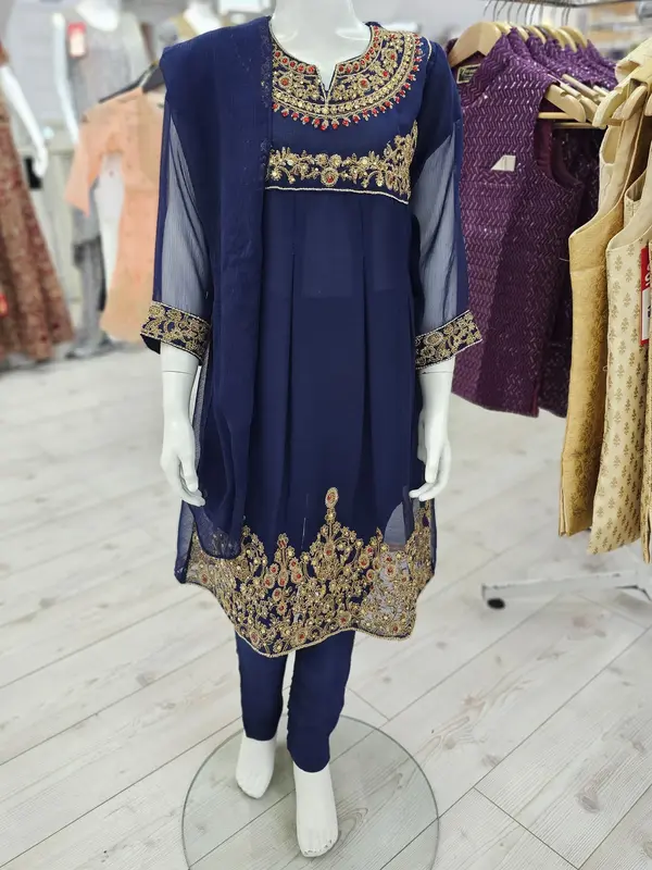 Girls Pakistani Embroidered Chiffon Dress Top With Trouser 2