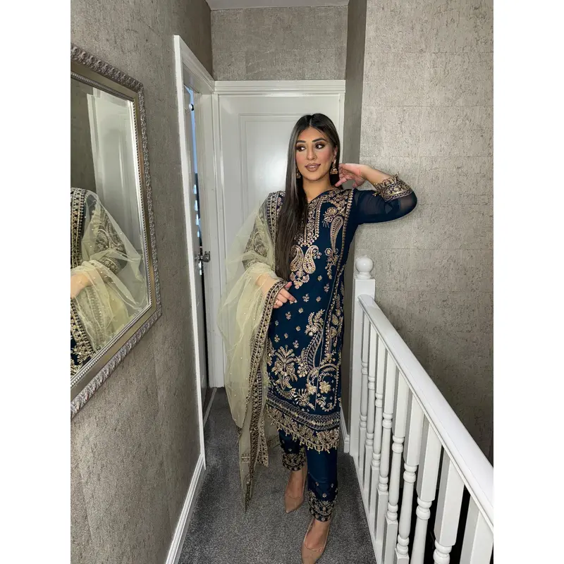 NAVY Embroidered Shalwar Kameez with Net duppatta fully stitched 3 piece suit with Net Dupatta MOB-5182B 0