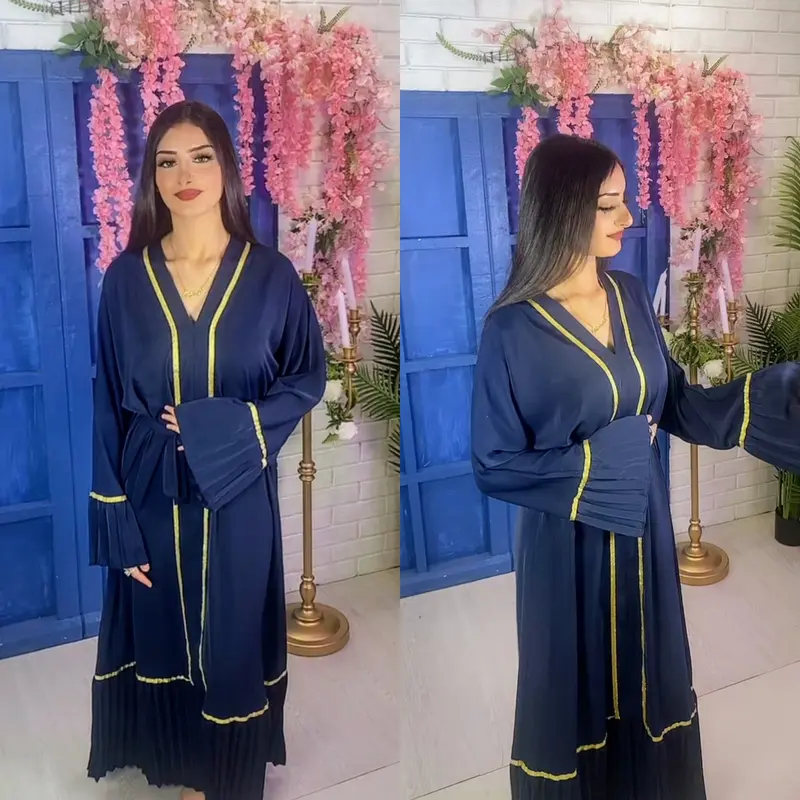 Women's Gold Trim Abaya V-Neck Bell Sleeve Pleat edge Belted Maxi dress, Modest Fashion, Arabian Islamic Clothing, One Size 10 to 14 3