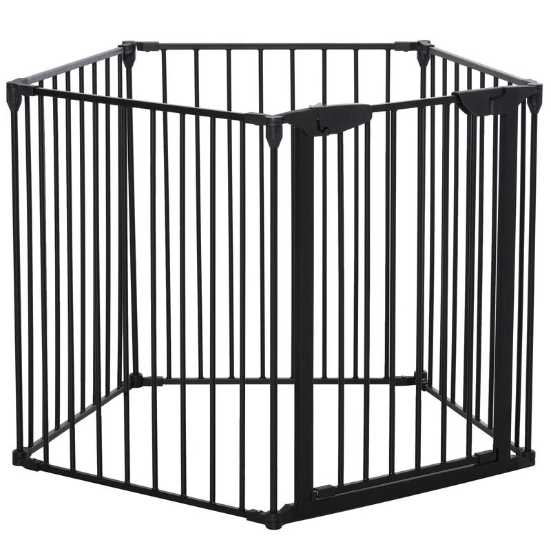 PawHut Pet Safety Gate 5-Panel Playpen Fireplace Christmas Tree Metal Fence Stair Barrier Room Divider with Walk Through Door Automatically Close Lock 7