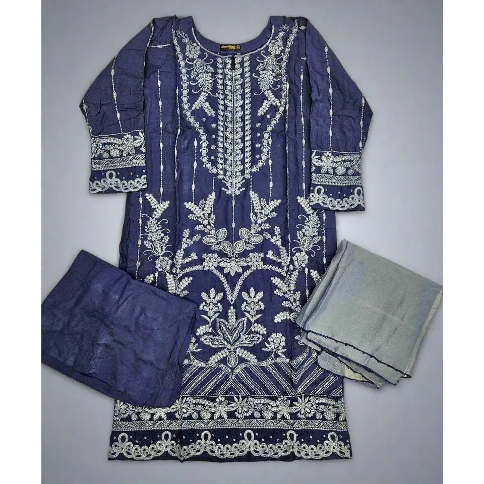 CRM Navy blue and charcoal grey colour thread and sequins laser cut chikan embroidery linen fabric shalwar kameez in sizes [M to 8XL]-Womenswear traditional dress plus size comfort clothing - Eid festive