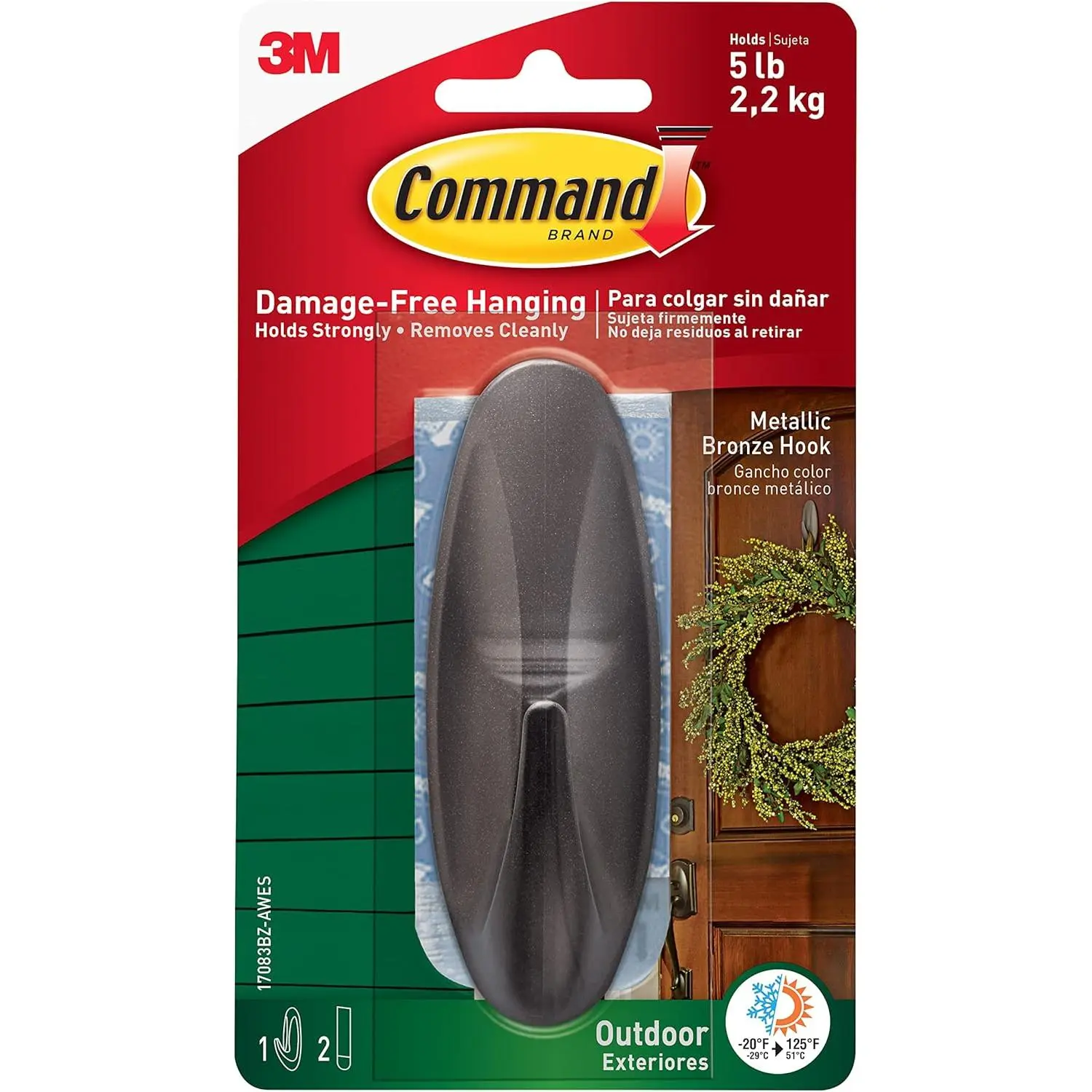 Metallic Bronze Hook with Adhesive Strips - For Hanging Outdoor Wreaths, Signs and Other Heavy Items Securely and Damage Free Organiser