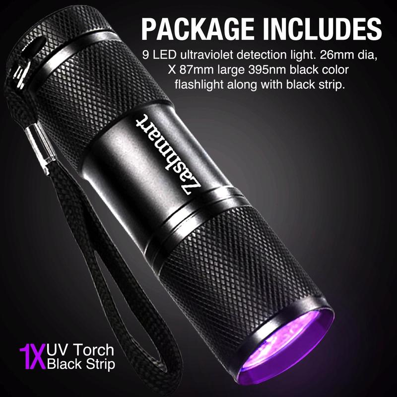 Zashmart UV Torch, Torch Light, 87MM L 9LED Echo Torch, 395 NM Black Flashlight led torch, Powerful UV Light For Pet Urine Detection and Carpet Inspection, Bright Torch light, 3 x AAA Portable Battery (Not Included), High Power Torch for all Detector). 2