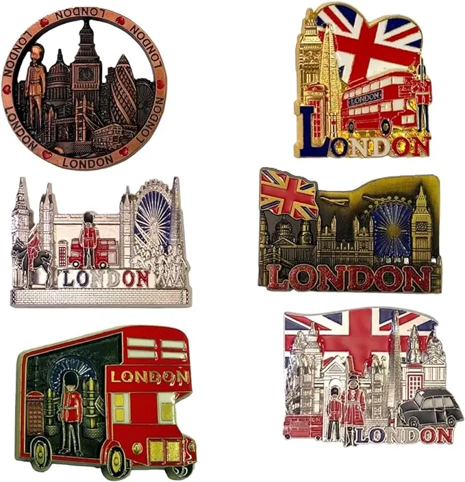 Pack of 6 London metal Magnet Union Jack British Souvenir Magnets - London Souvenirs Fridge Magnets by Mighty Majesty
