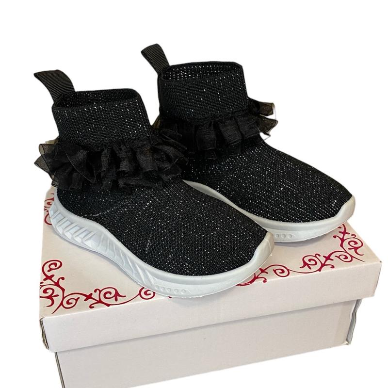 Junior Girls Black Ruffle Shimmer Sock Hard Sole Trainers - Size 11 To 2 4