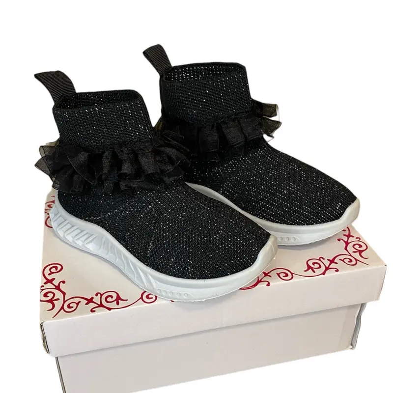 Junior Girls Black Ruffle Shimmer Sock Hard Sole Trainers - Size 11 To 2 4