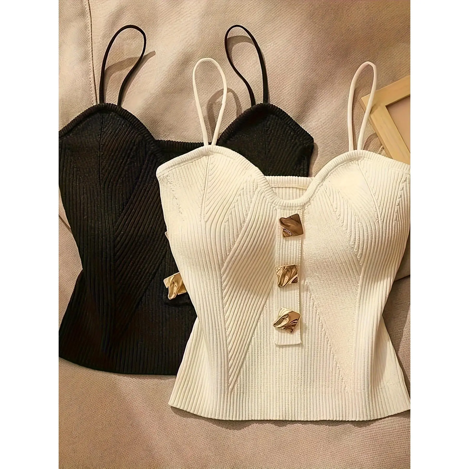 2-Pack Women's Fashion Commute Style V-Neck Knit Tank Top Set, Solid Color Sleeveless Camisole with Faux Button Detail, All-Season Polyester Fabric