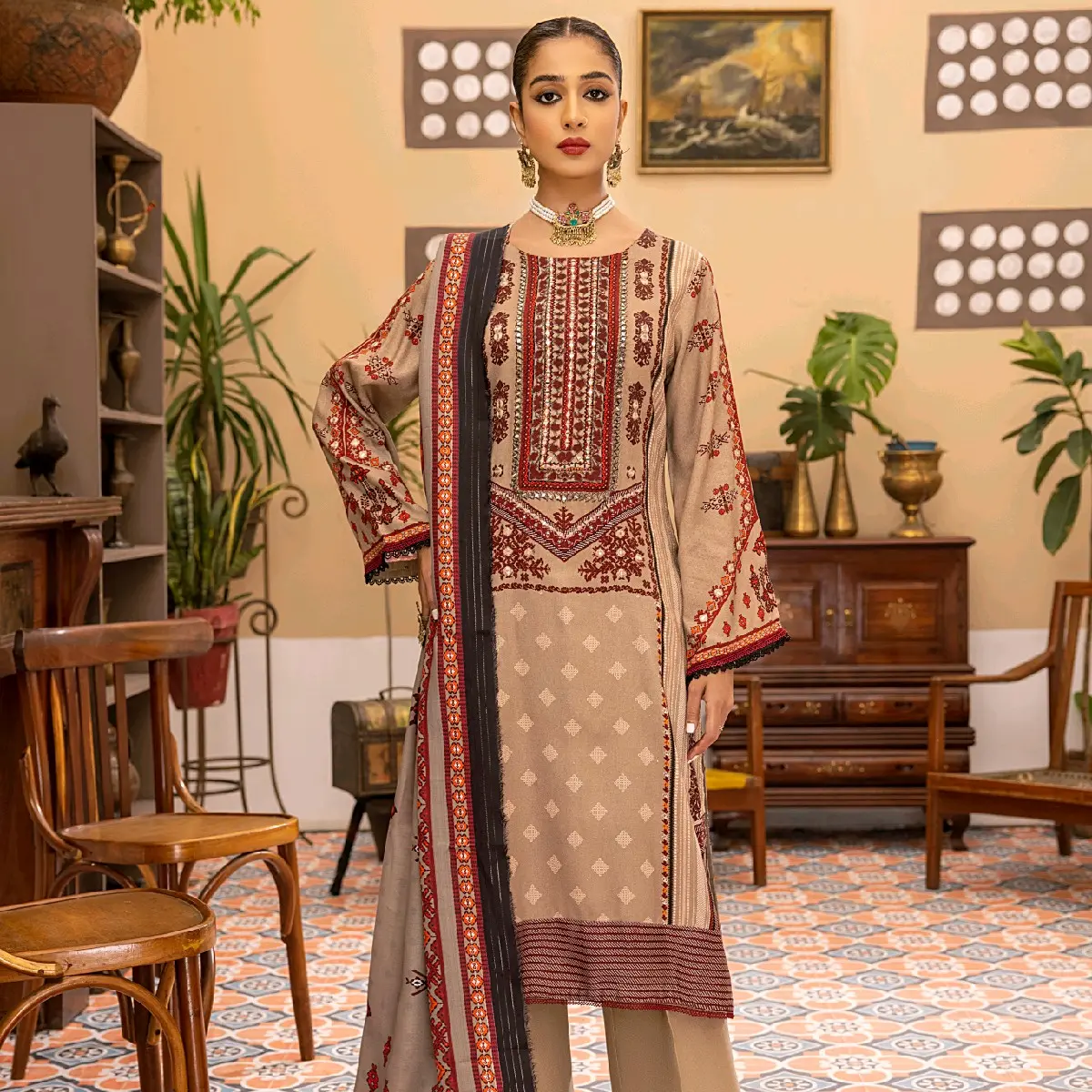 3 Pc Ready To Wear Embroidered Suit - Winter Wear - Dhanak
