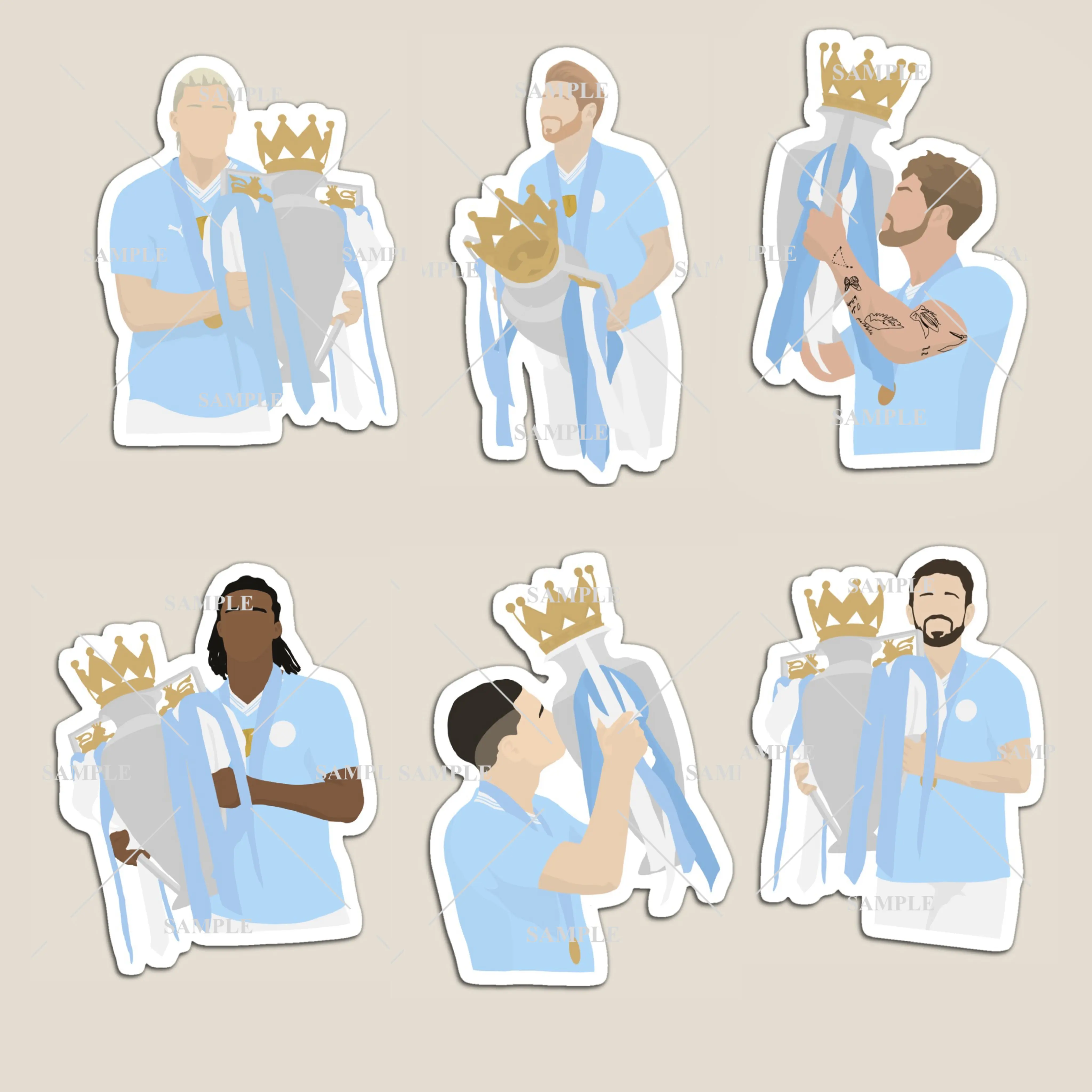 Man City Champions 2023/24 Stickers or Magnets (Foden, De Bruyne, Bernardo, Ake, Alvarez & Haaland)