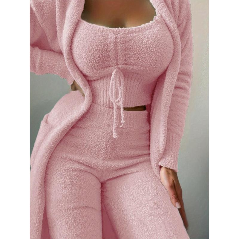 New Women's Plush Three Piece Lace up Pajama Set - Casual Set Pajamas 2