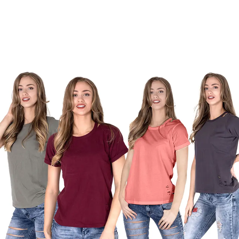 Noroze Women's Short Sleeve Plain T-Shirts Distressed Ripped Holes Nibble Cut Out Rounded Neck Casual T-shirt UK Sizes 6-18 1