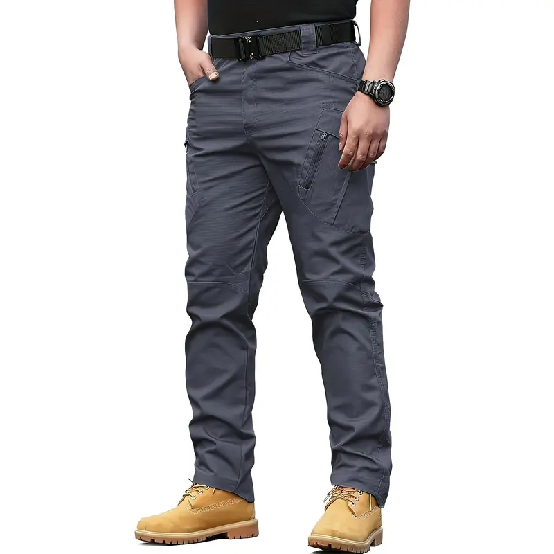 Multi Pocket Men's Tactical Pants, Loose Casual Outdoor Military Pants Without Belt, Mens Cargo Pants For Hiking Menswear Trouser Beige Plain Yellow 4