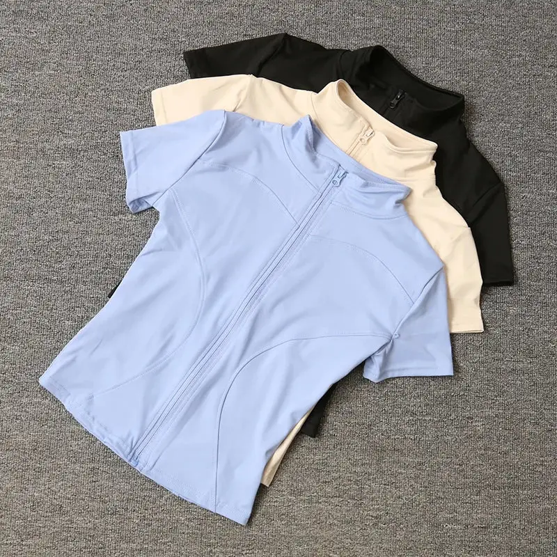 High Quality Waist Slimming Training Tops Women's Quick-drying Tight Stand Collar Full Zipper Short Sleeves Yoga shirts