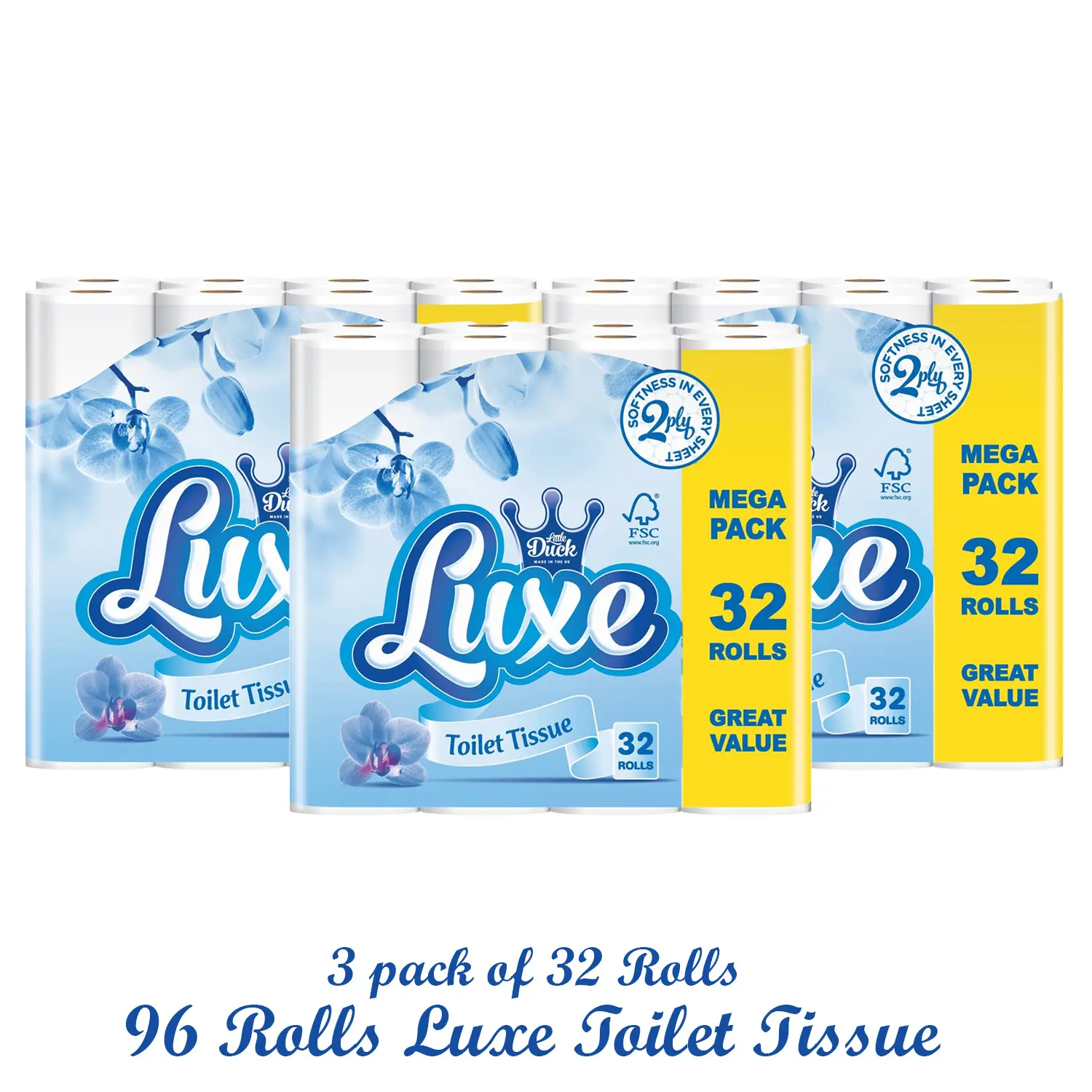 96 Little Duck Luxe White Toilet Rolls – High-Quality 2ply Embossed Economical Toilet Tissue - Mega Pack & Great Value