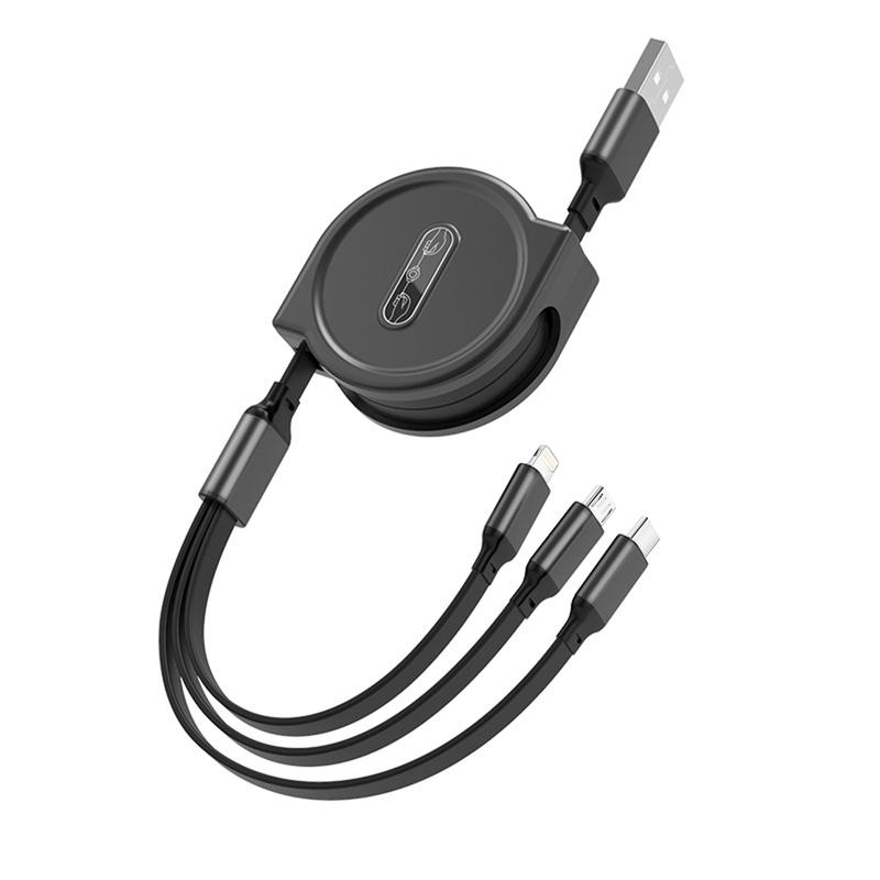 3-in-1 Retractable USB Cable - Flat Silicone, Male to Male, Universal Compatibility with iPhone, Android, Type-C, Micro USB - Portable Charger, 10-20W Power, No Battery, USB Powered 5