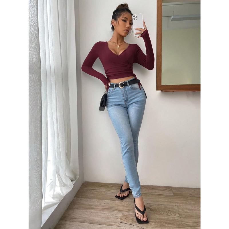 Surplice Neck Drawstring Side Crop Tee[S12] 4