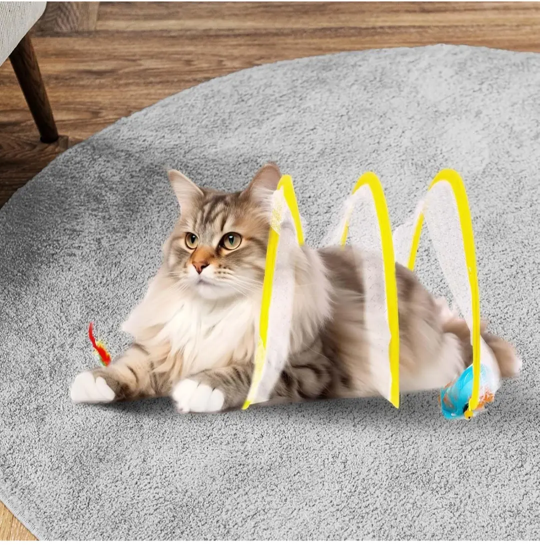 Folded Cat Tunnel Toy with Plush Ball and Feather Toys for Interactive Fun and Mental Stimulation